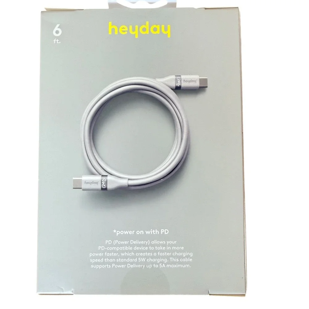 Heyday 6ft USB-C to USB-C Soft-Touch Fast Charging‎ Cable 240W PD Gray Silicone